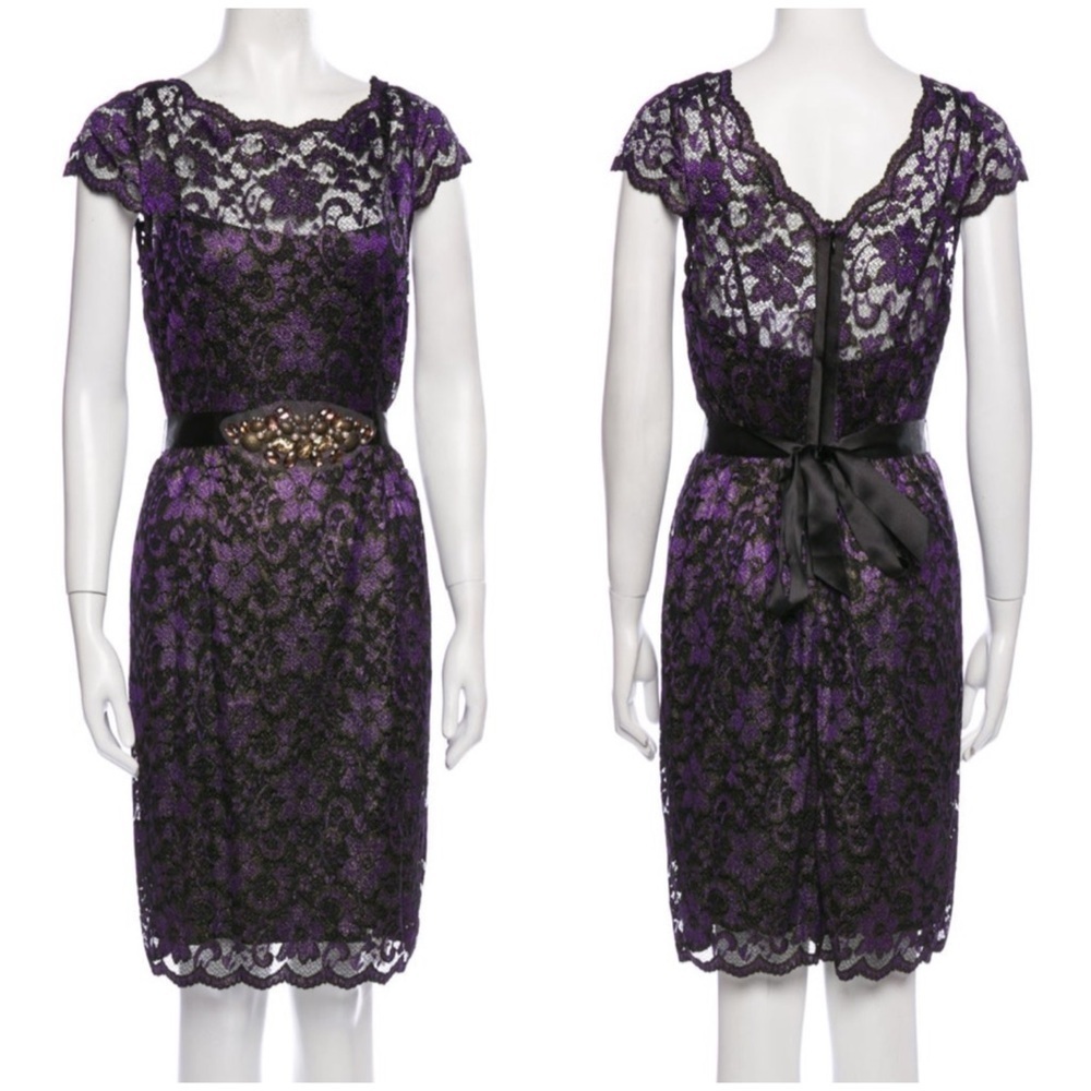 NWT Teri Jon Rickie Freeman Purple Illusion Lace Beaded Waist Cocktail Dress 10